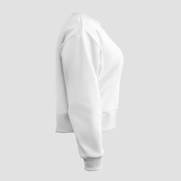 Women's crop sweatshirt template with cuffs, round neck, clothing 3D rendering, white streetwear, longsleeve for design. Women's crop sweatshirt template with cuffs, round neck, clothing 3D rendering, white streetwear, longsleeve for design. Mockup of fashion apparel for advertising, shirt isolated on background, side. crop top view stock pictures, royalty-free photos & images