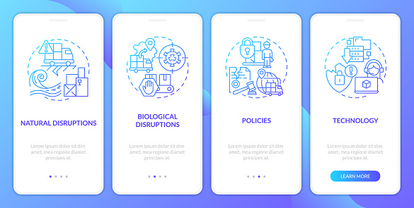 Supply chain disruptions blue gradient onboarding mobile app screen. Logistics walkthrough 4 steps graphic instructions with linear concepts. UI, UX, GUI template. Myriad Pro-Bold, Regular fonts used