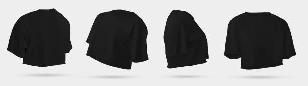 istock Black crop top mockup, 3D rendering, women's clothing set for branding, design, front, back, side view. 1477053429