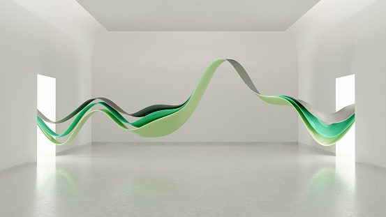 Abstract flowing shapes that cross an empty white room and connect two bright doors.