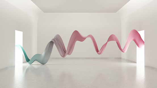 Abstract flowing shapes that cross an empty white room and connect two bright doors.