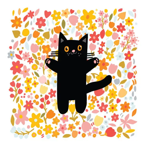 Vector illustration of Funny black cat in flowers greeting