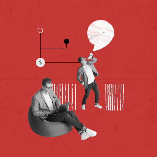 istock Ambitious young man working on laptop, making professional researches and analytics. Trade market. Freelancer. Contemporary art collage. 1477058968