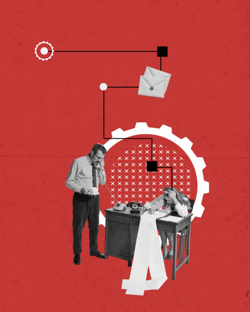 istock Difficult working hours. Businessman and secretary working late hours, feeling tired and overworked. Contemporary art collage. 1477059497