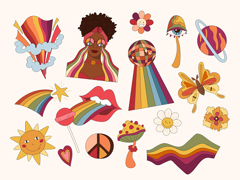 Groovy retro isolated clip art bundle, 70s nostalgia, hippie girl in rainbow glasses, old fashioned aesthetic, stylized mushroom, rainbow, flowers, butterfly and lips vector kit