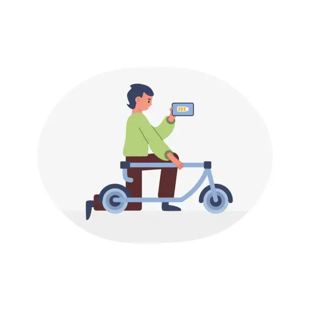 Vector illustration of Guy with folding scooter making selfie color 2d vector graphic