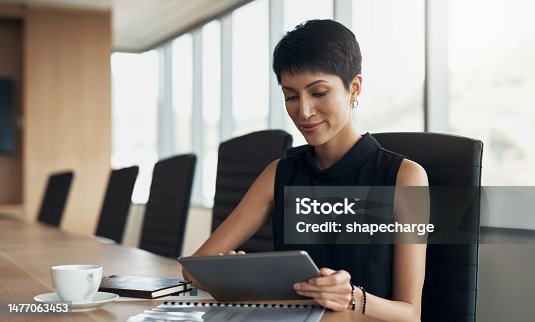 istock Business, woman and working on tablet in office, planning online strategy and innovation for data management. Female executive manager, digital technology and review financial research in boardroom 1477063453