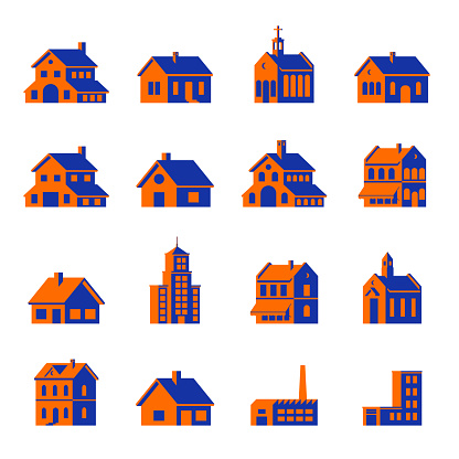 Building, Architecture. A set of building icons. There are houses, restaurants, schools, hospitals, police stations, fire stations, buildings, condominiums, hotels, convenience stores, factories, etc.