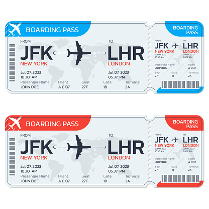 Airplane ticket set. Flight boarding pass design. Air, plane, airline card template. Fly, travel concept. Vector illustration.