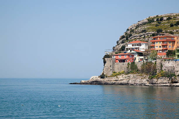 sea, mountain and houses stock photo