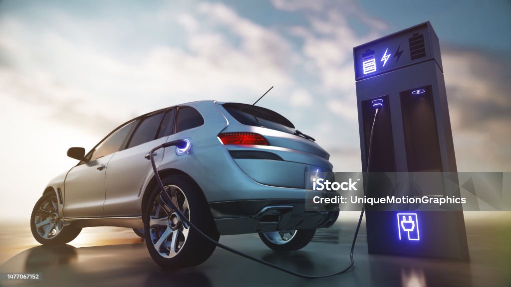 Electric car power charging. Electric vehicle charging port plugging in EV modern car. save ecology alternative energy sustainable of future. Electric car charging station Electric Car Stock Photo