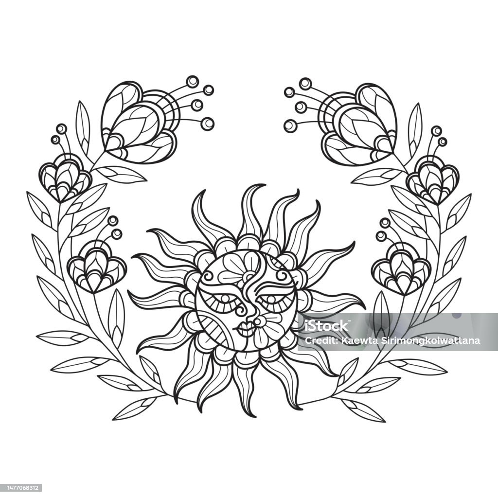 Sun And Cute Flower Hand Drawn For Adult Coloring Book Stock Illustration -  Download Image Now - iStock