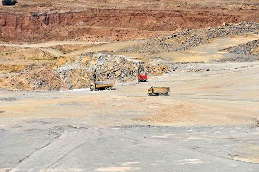 industrial mining waste dumps quartzite stones. Summer season. Web banner.