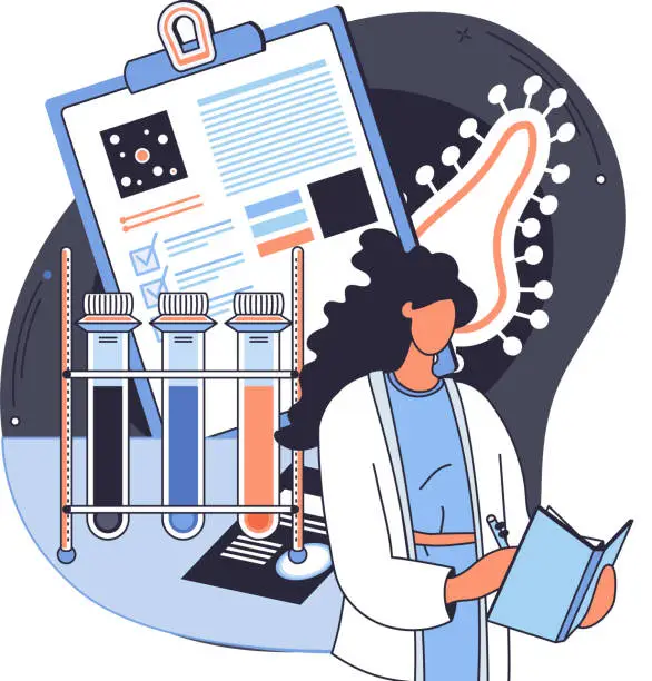 Vector illustration of Scientist with flasks, microscope and medical equipment working on antiviral treatment development