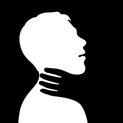 Abuse and victim concept. Physical violence, attack, and assault of a person. Abstract black and white silhouette illustration.