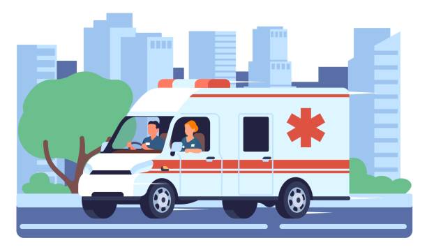 Medical car with alarm goes down metropolitan street. Ambulance vehicle driving down highway. City buildings and road. Hospital transport. Doctors in clinic automobile. Vector concept Medical car with alarm goes down metropolitan street. Ambulance vehicle driving down highway. City traffic. Buildings and road. Hospital rescue transport. Doctors in clinic automobile. Vector concept paramedic stock illustrations
