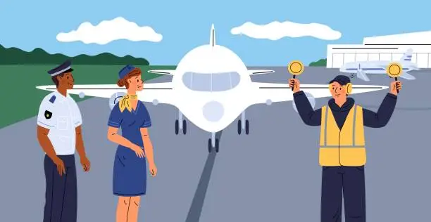 Vector illustration of Aircraft crew. Airport staff. Captain and attendants. People standing on airfield runway. Airplane landing terminal. Transportation by air. Airline employees. Garish vector concept