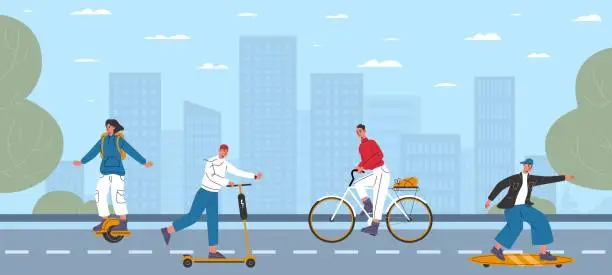 Vector illustration of People on electric transport in city. Skateboard and scooter. Citizens on eco friendly vehicles. Man riding bicycle. Hipsters on road. Woman driving monowheel gyroscooter. Vector concept