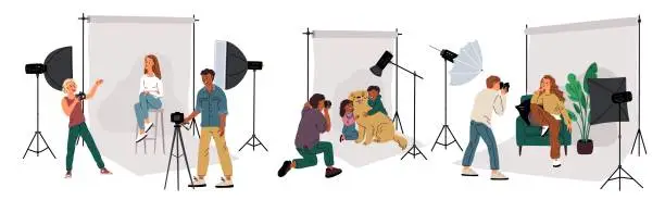 Vector illustration of Photo studio. People work with professional photographers. Children or animals pose for pictures. Photographic backstage and spotlights. Cameraman shooting snapshots. Garish vector set
