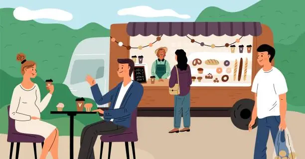 Vector illustration of Bakery shop. Happy people tasting fresh pastries. Open cafe. Small food track. Couple enjoying coffee or cupcakes at table. Vendor selling snacks. Outdoor van store. Garish vector concept