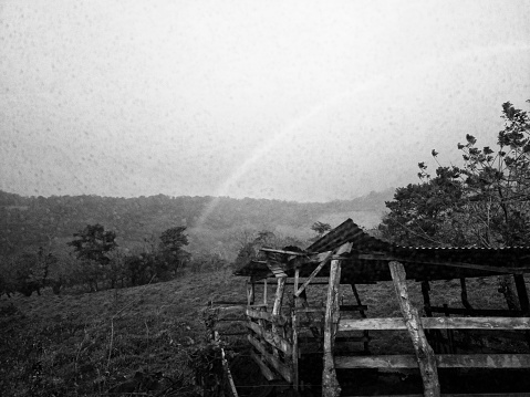 Black and white photo bird's eye view of vast agricultural land in the Cikancung area - Indonesia.