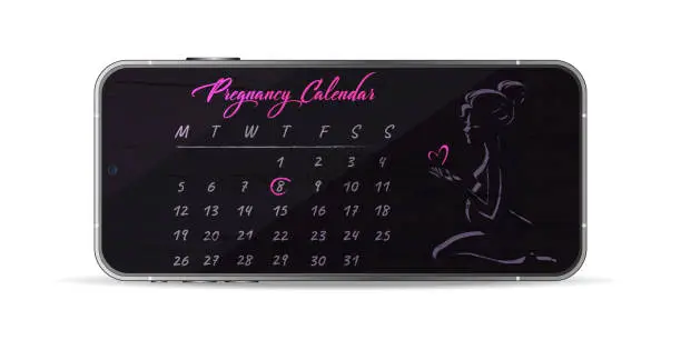 Vector illustration of Web page or pregnancy planning template. Mobile phone with a monthly pregnancy calendar and a linear sketch of a young pregnant girl in profile with a heart on a white background.