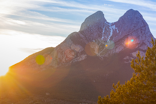 Pedraforca mountain during sunset. Amazing sky colors.