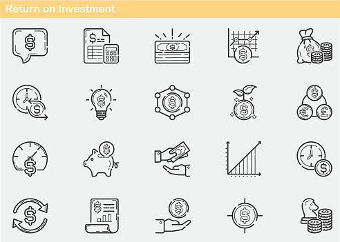 Return on Investment, Money Movement, Money bag,  Dollar Currency, Growing, Save money, Finance and Banking, Venture capital , Capitalization Increase, Dividends, Icon Set, Outline, Flat Line Icons