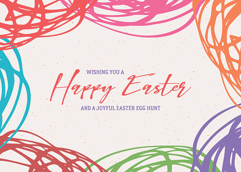 A hand-written script greeting card for Easter with a scribble frame. Easter Holiday greeting card design with a lightly textured background.