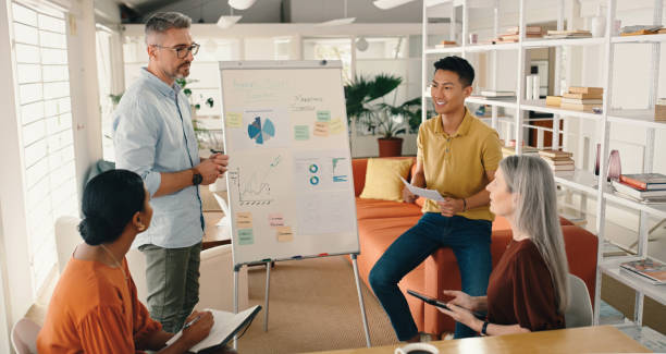 istock Strategy, presentation or business people in meeting planning a startup group project in collaboration. Teamwork, CEO or senior workers with data or ideas for our vision, or sales goals together 1477076026