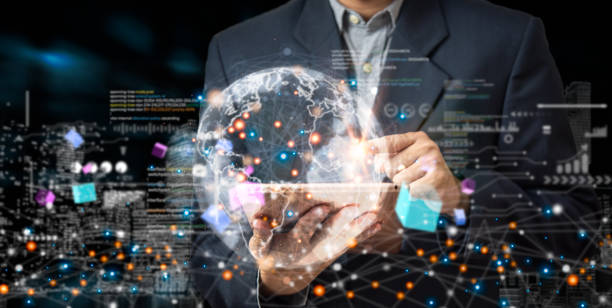istock Digital technology communication cyber global network. Business big data and marketing concept WEB 3.0.hand touch globe internet. 1477076256