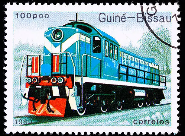 Photo of Canceled Guinea-Bissau Train Postage Stamp Old Railroad Diesel Engine Locomotive
