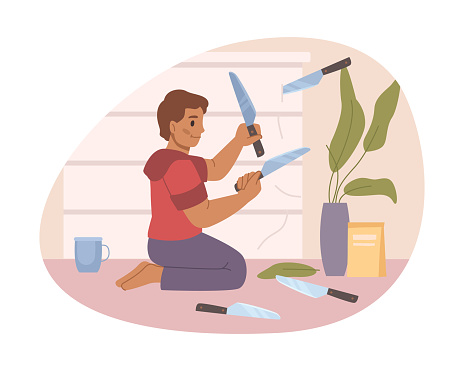 Child playing with knives at home, dangerous behavior and games. Boy unwatched by parents, risk of getting hurt or cut. Flat cartoon, vector illustration