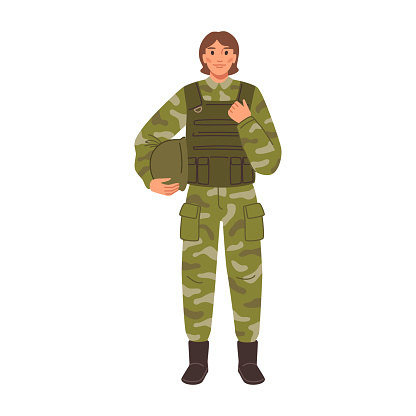 Female personage serving in army forces. Isolated woman wearing life vest and helmet. Combatant or soldier, fighter at army. Flat cartoon, vector illustration