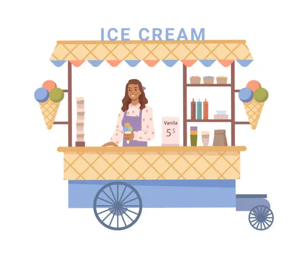 Vector illustration of Ice cream stall with different tastes and delicious meals. Isolated kiosk with tasty food and desserts, shop in park. Flat cartoon, vector illustration