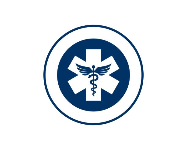 ilustrações de stock, clip art, desenhos animados e ícones de caduceus vector emblem blue color - pharmacy symbol surgery computer icon