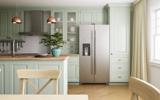 istock Green kitchen interior with island. Stylish kitchen with wooden worktops. Cozy olive kitchen with utensils and appliances. Kitchen and dining room. 3D visualization 1477079063