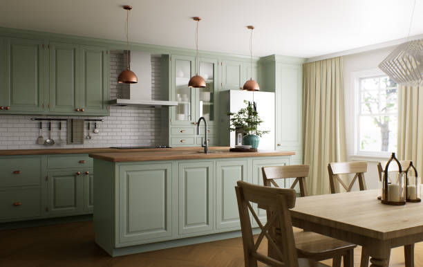 istock Green kitchen interior with island. Stylish kitchen with wooden worktops. Cozy olive kitchen with utensils and appliances. Kitchen and dining room. 3D visualization 1477079075