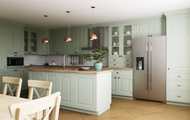 istock Green kitchen interior with island. Stylish kitchen with wooden worktops. Cozy olive kitchen with utensils and appliances. Kitchen and dining room. 3D visualization 1477079084