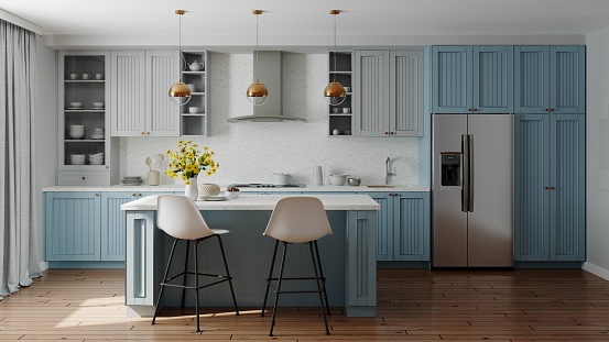 Blue kitchen interior with island. Stylish kitchen with white countertops. Cozy bright kitchen with utensils and appliances. Working space of the kitchen. 3D animation