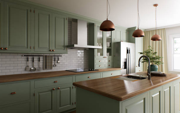 istock Green kitchen interior with island. Stylish kitchen with wooden worktops. Cozy olive kitchen with utensils and appliances. Kitchen and dining room. 3D visualization 1477079100