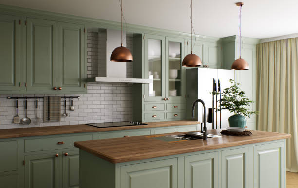 istock Green kitchen interior with island. Stylish kitchen with wooden worktops. Cozy olive kitchen with utensils and appliances. Close-up of a dining table in the background of the kitchen. 3D visualization 1477079108
