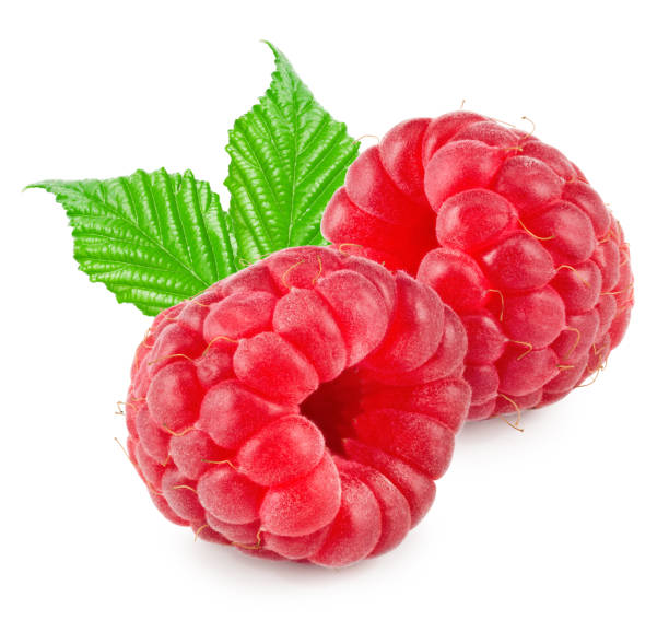 istock ripe raspberry with green leaf isolated on white background. macro. clipping path 1477080692