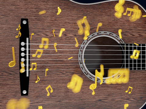 Acoustic Guitar with Music Notes. 3D Render