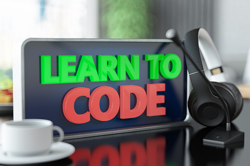 Online Course Learn to Code Sign with Headset Microphone and Coffee. 3D Render