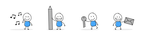 istock Collection of a funny stickman holding music notes, pen, key, envelope sign. Hand drawn icons for a business presentation. Vector illustration 1477081223
