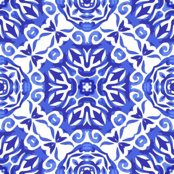 wunderschöne nahtlose winter-dekor-muster aus blauen und weißen orientalischen fliesen, ornamente. - swirl blue textile backgrounds stock-grafiken, -clipart, -cartoons und -symbole