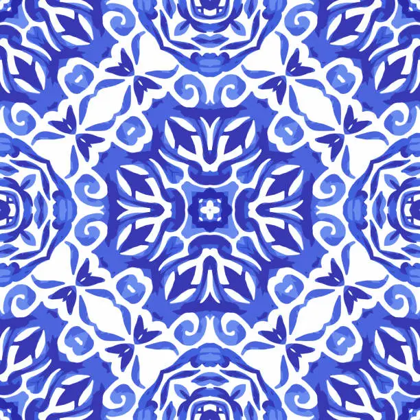 Vector illustration of Gorgeous seamless winter decor pattern from blue and white oriental tiles, ornaments.