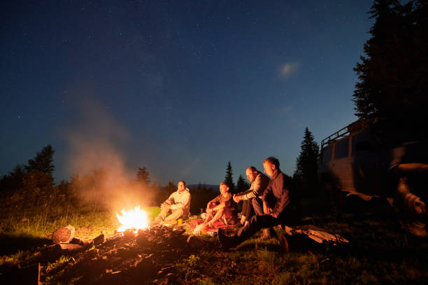 istock Group of hikers sitting near campfire under night sky. 1477082794