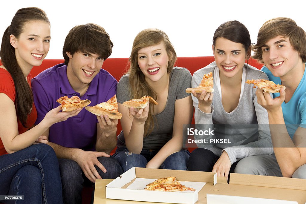Five Friends Eating Pizza http://www.edkafelek.com/people.jpg Adult Stock Photo